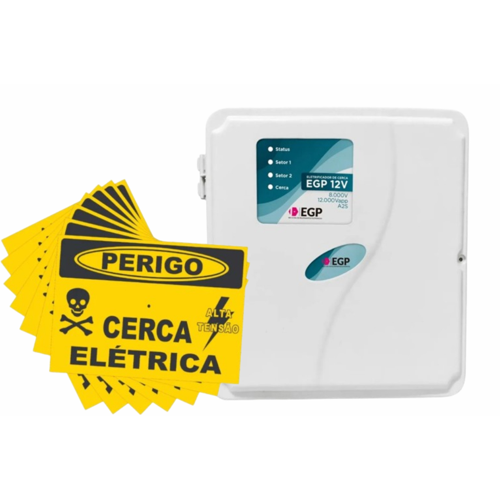 Kit Cerca Residencial segurança - 01 Eletrificador EGP + 01 Bat 12V + 05 Placa de cerca eletrica