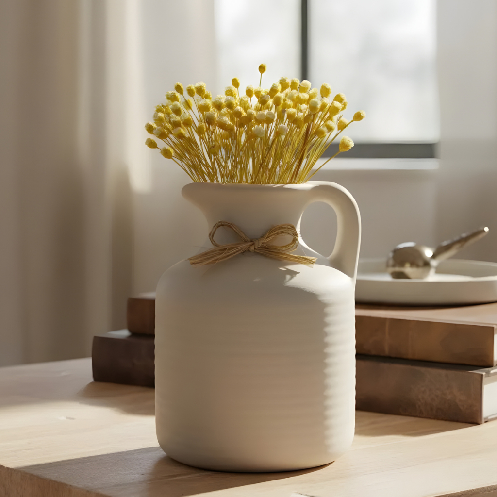 Vaso Jarro Decorativo em Cerâmica Com Flores Secas