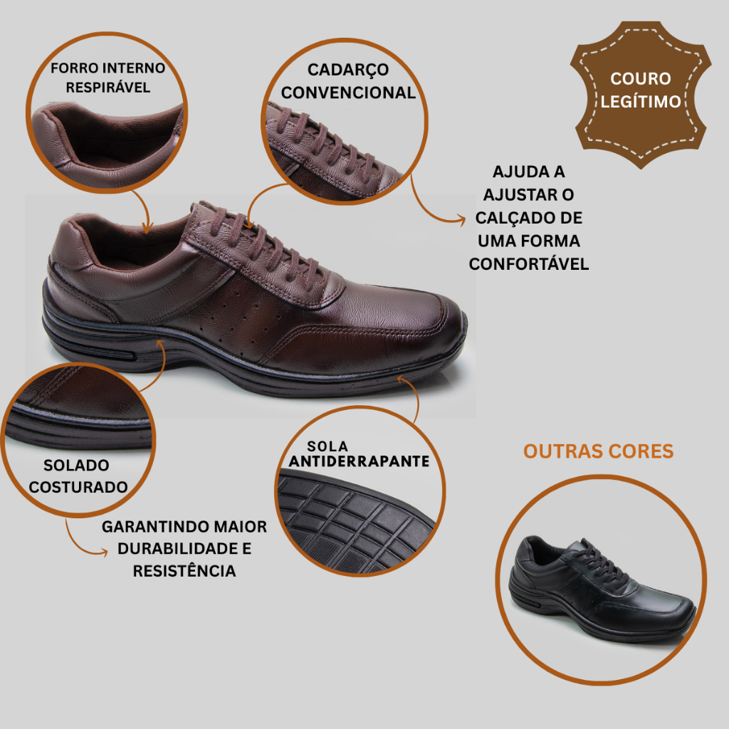 Sapato Social Masculino de Couro Legítimo Preto Sola Costurada Antiderrapante