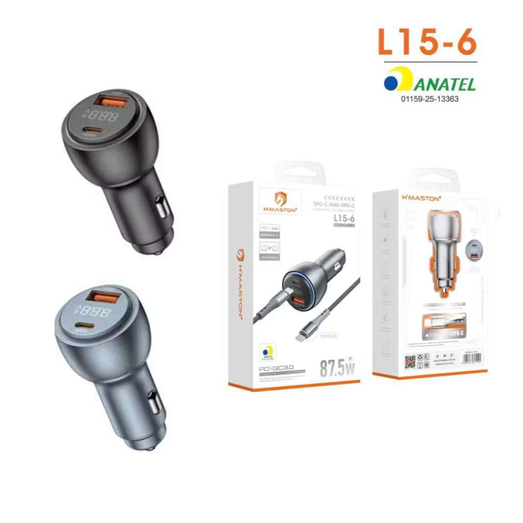 Carregador Veicular 87.5W com LED Turbo 2 Entradas USB e Tipo-C Carregamento Rapido HmastonL15-4/5/6 — imagem 2 de 2