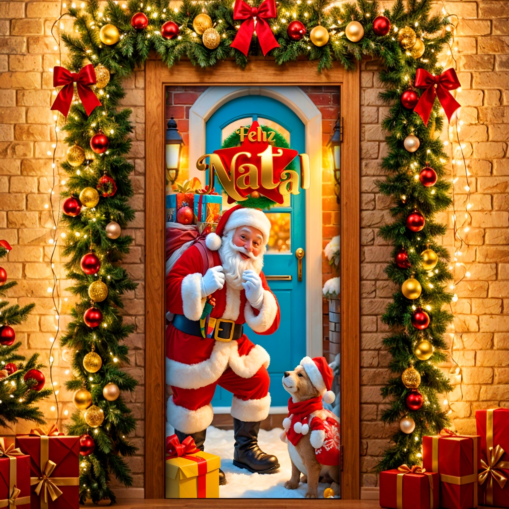 Capa de Porta Natal Papai Noel Pet Decoração Natalina C/ Elástico 0,85x2,10 Mt