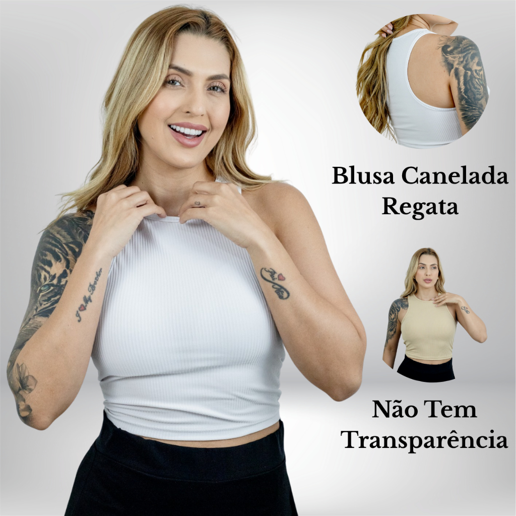 Blusa Cropped Regata Feminina Canelada Costa Aberta Com Elastano Malha Confortável P M G GG