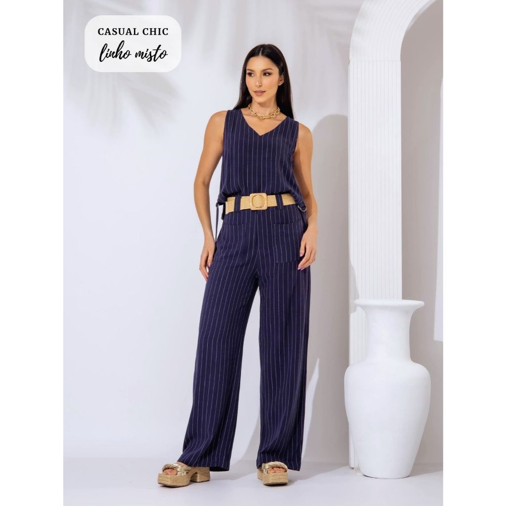 Conjunto Alfaiataria Listrado em Linho Misto em Oferta na Shopee