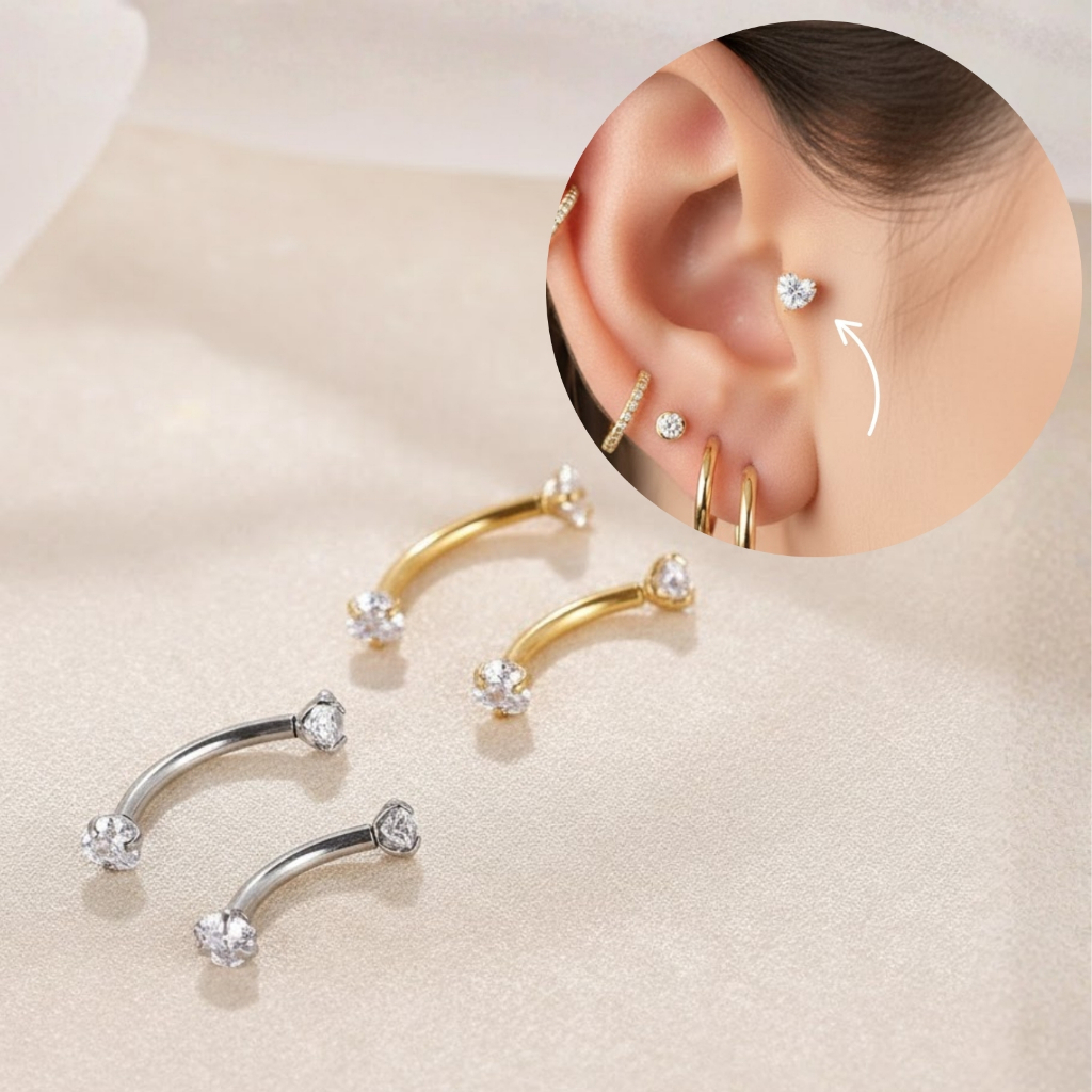 Piercing Ponto de Luz Coração Curvo Aço Cirúrgico Anti Alérgico Sobrancelha, Rook, Daith, Tragus, Cartilagem