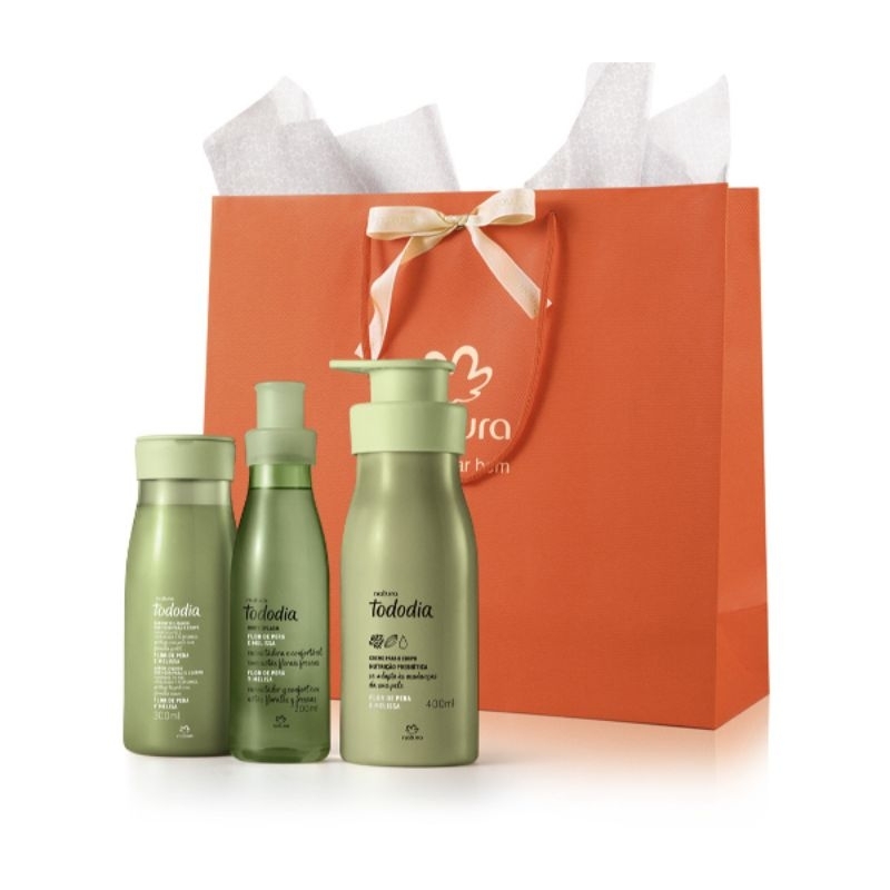 kit natura todo dia flor de pera e melissa com bolsa em Oferta na Shopee
