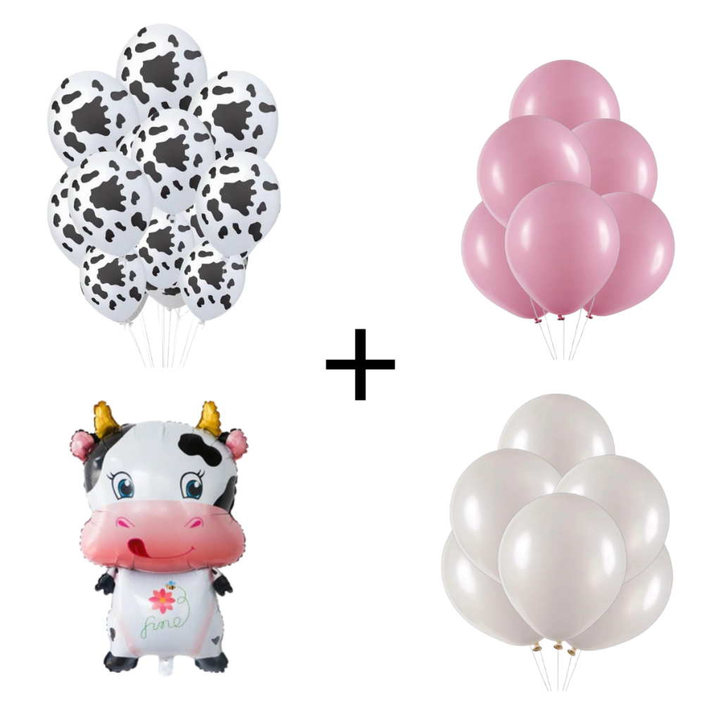 25 Balões Mancha de Vaca + 10 Balões Liso Rosa + 10 Balões Liso Branco + 5 Balões Metalizados Mimosa em Oferta na Shopee