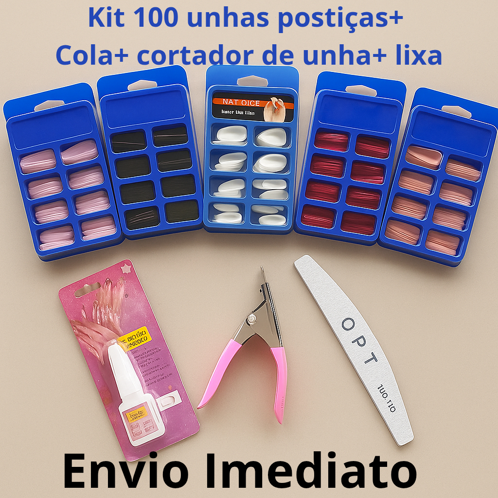 KIT 100 UNHAs POSTIÇAS AMENDOADA, BAILARINA REALISTA Natural 100 unhas postiças +cortador de unha + Lixa + cola