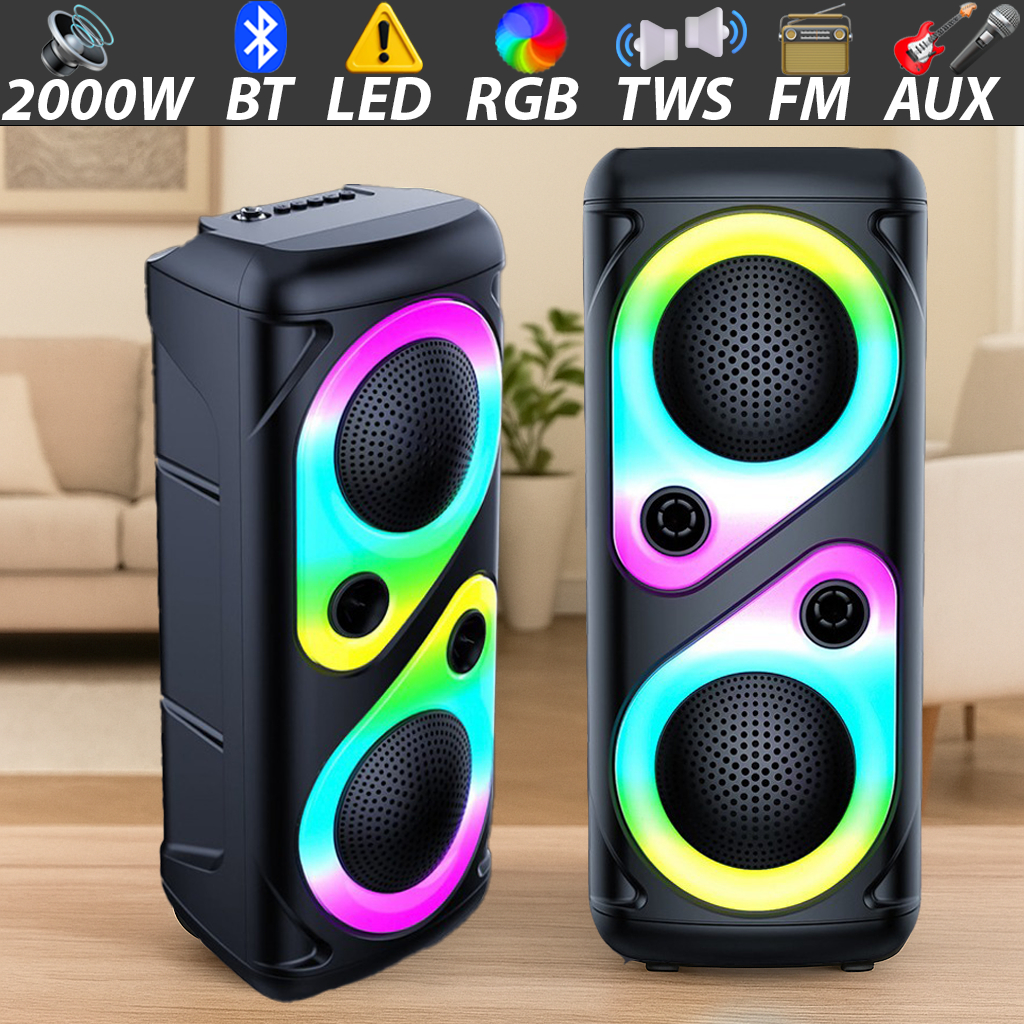 Caixa de Som Bluetooth Portátil 2000W com LED RGB, Rádio FM, USB e TWS – Ideal para Praia