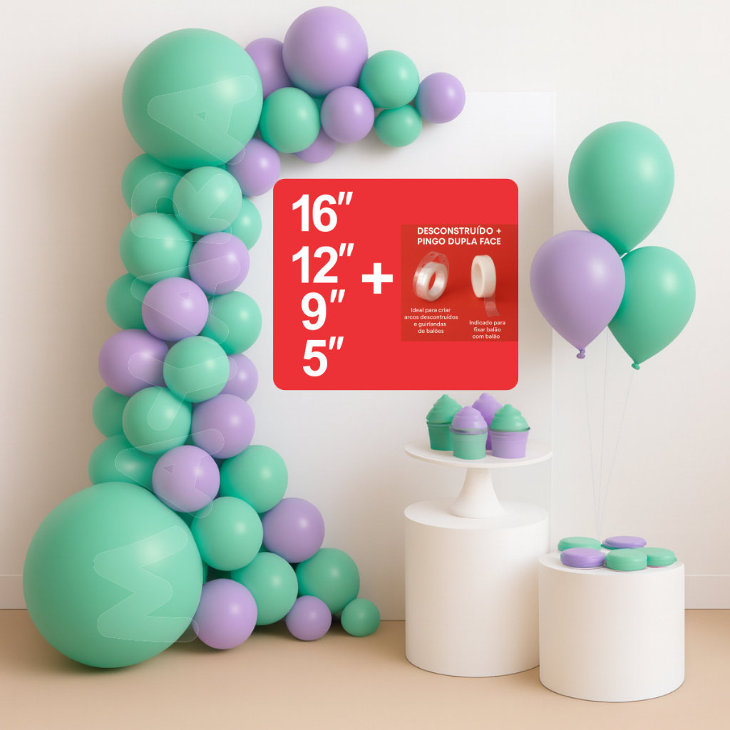 Kit 100 Pçs Arco Balões Desconstruído - Verde Água e Lilás Tamanhos N°16, N°12, N°9, N°5