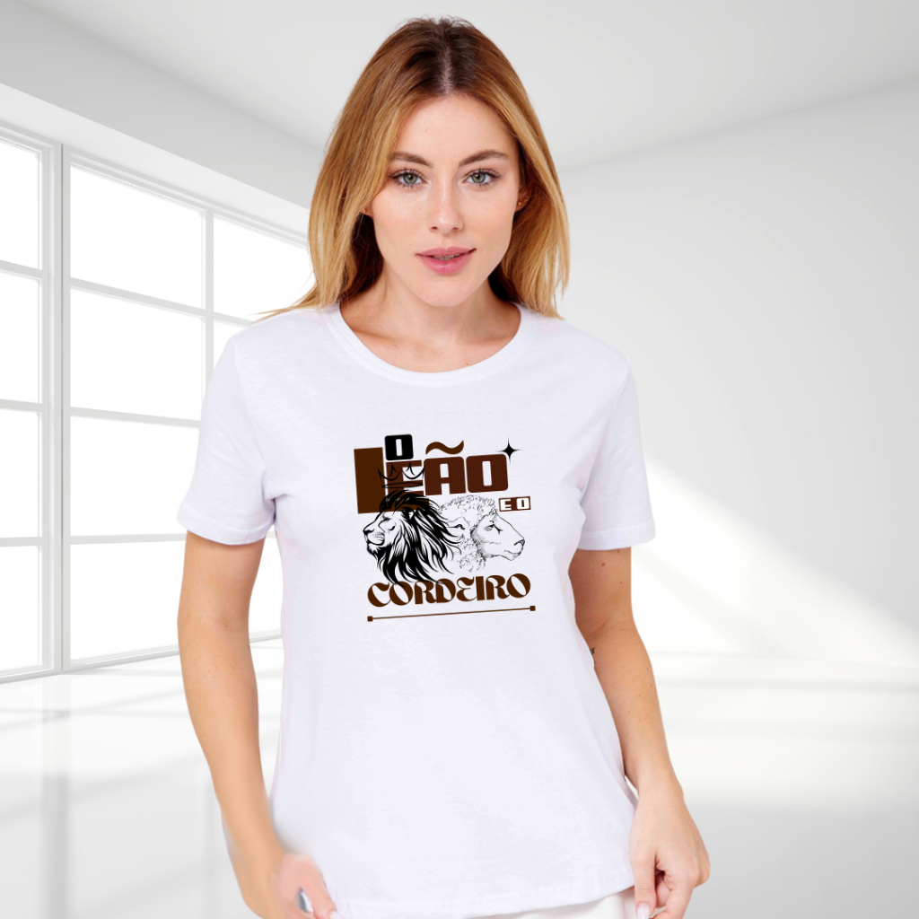 Camiseta Evangélica Branca Unissex com Estampa Bíblica |O Leão e o Cordeiro | Em Poliéster e Elastano, Personalizada
