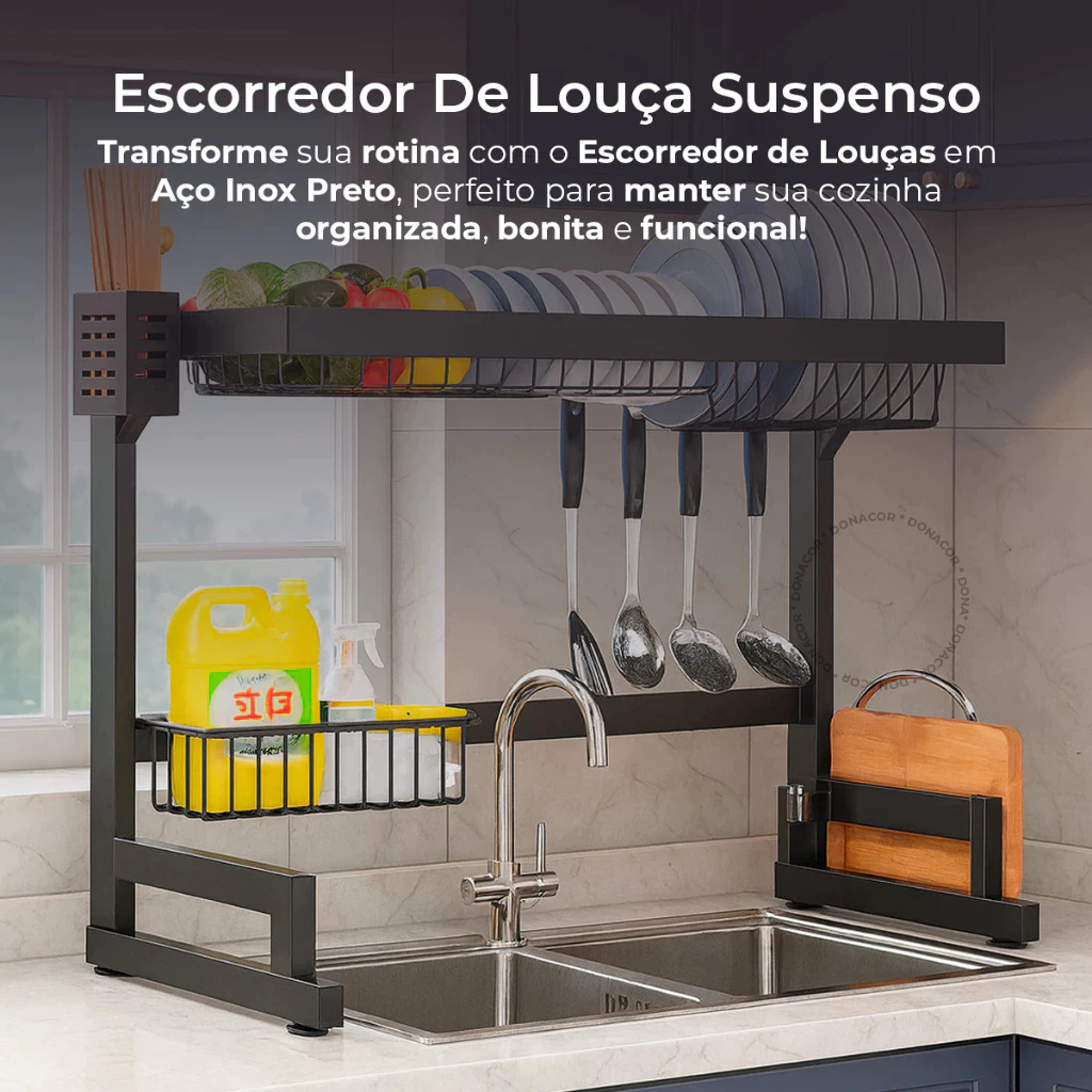 Escorredor De Louça Suspenso Aço Inoxidável Organizador Louça Preto 65cm — foto 3