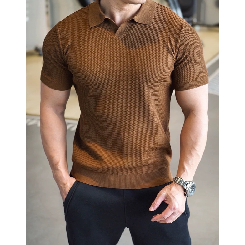 Camisa Polo Masculina de Algodão – Manga Curta, Decote em V, Estilo Casual e Moderno em Oferta na Shopee