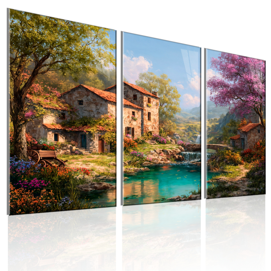 Quadro Decorativo Casa de Campo com Rio e Flores – Paisagem Rural Encantadora em Oferta na Shopee