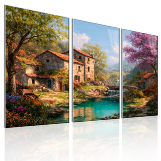 Quadro Decorativo Casa de Campo com Rio e Flores – Paisagem Rural Encantadora em Oferta na Shopee