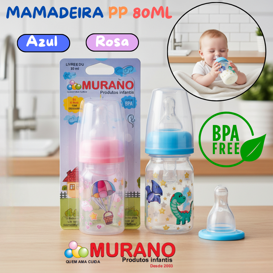 Mamadeira PP 80ml  Murano Infantil  Silicone Ortodôntico  Azul e Rosa REF 317 P VENTO