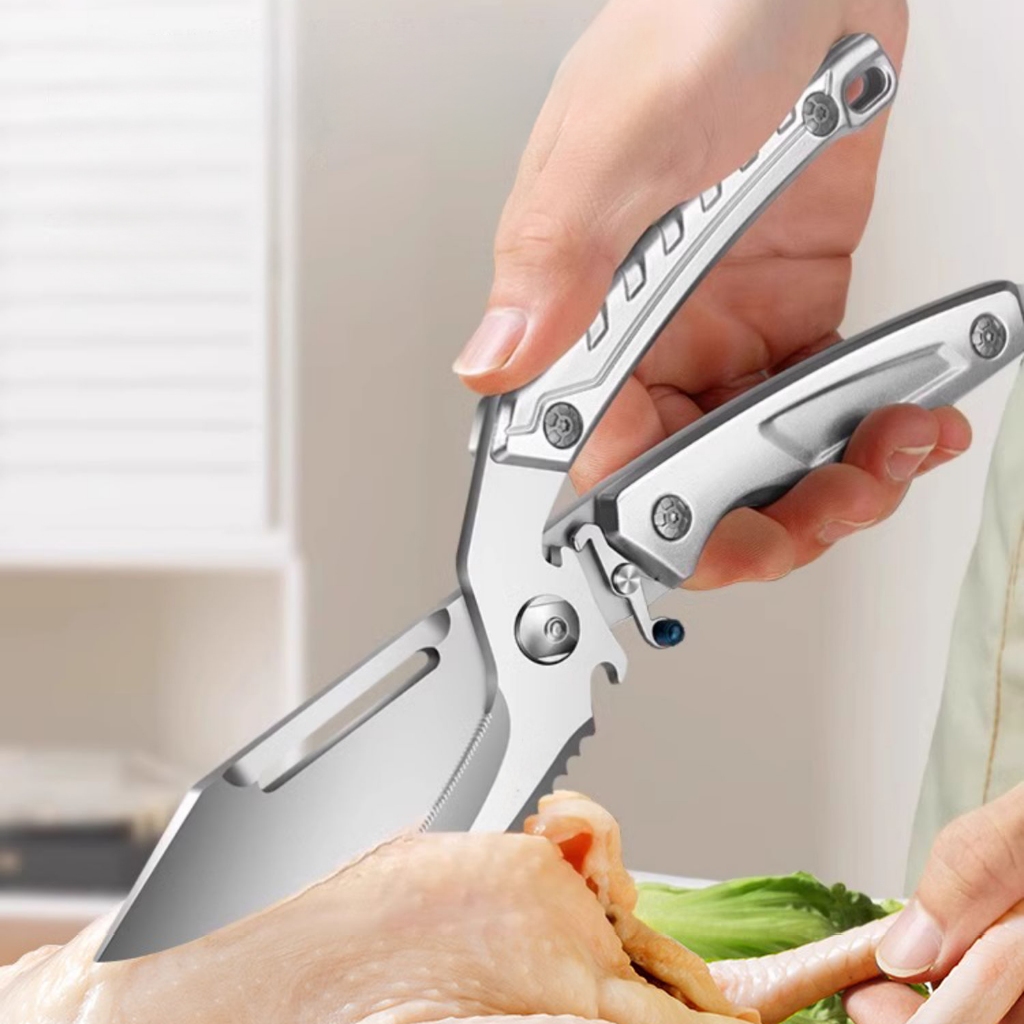 Tesoura Cozinha Multifuncional Aço Inoxidável 3Cr13 - Corte Osso Frango, Abre Garrafa +Faca Separada
