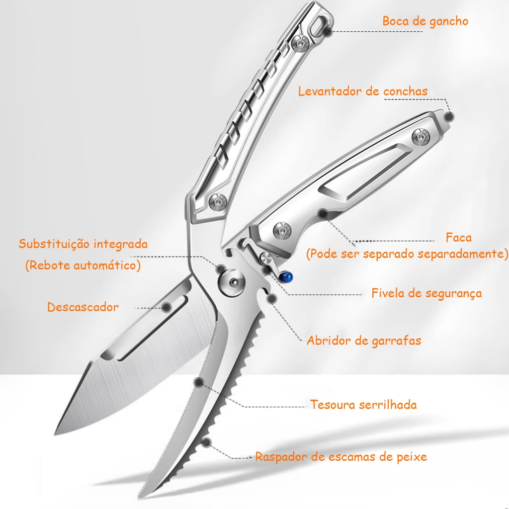 Tesoura Cozinha Multifuncional Aço Inoxidável 3Cr13 - Corte Osso Frango, Abre Garrafa +Faca Separada