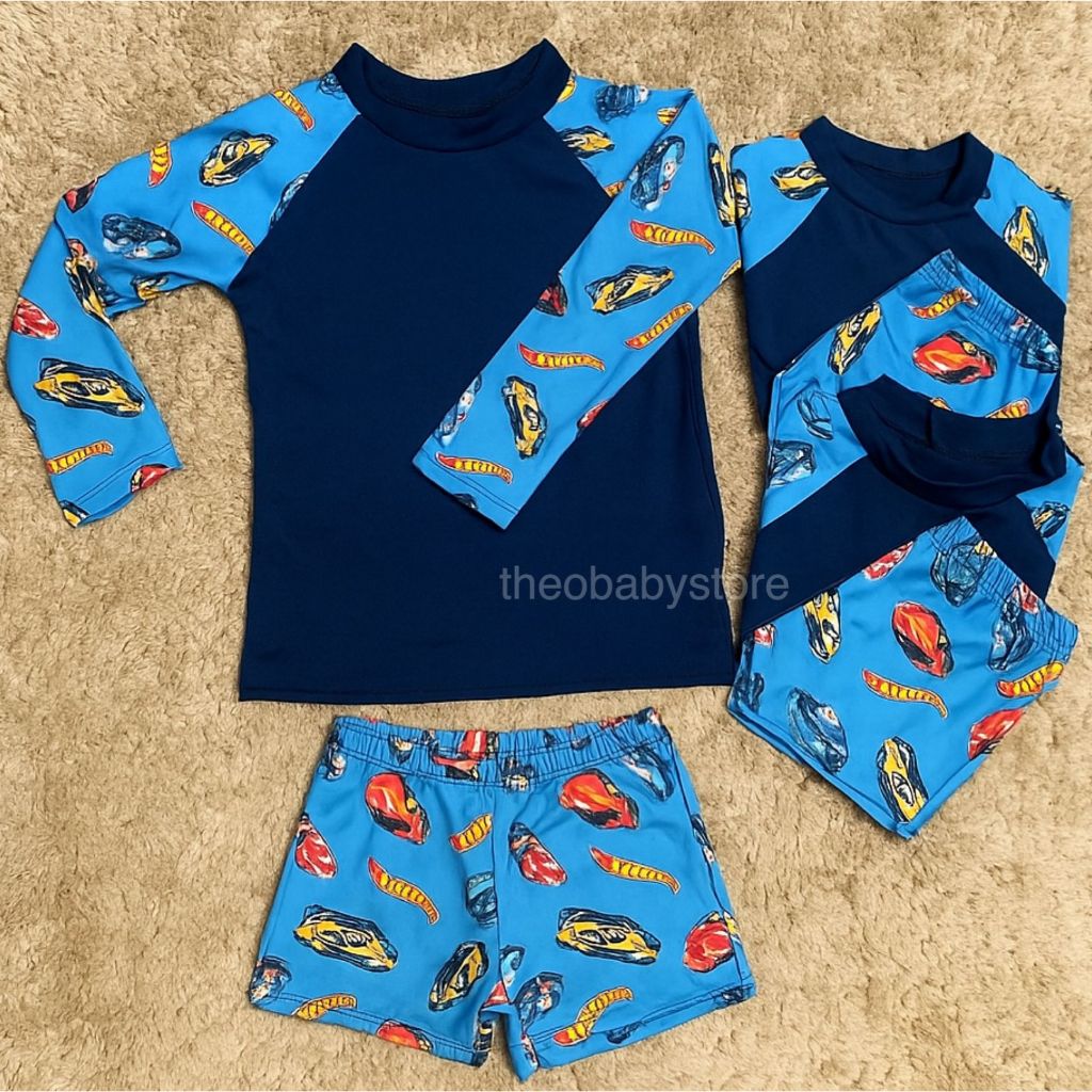 Conjunto Blusa Térmica + Sunga Box Infantil Hot Wheels Carrinho Menino Moda Praia Proteção Uv 2 Ao 10 Camisa Banho Verão