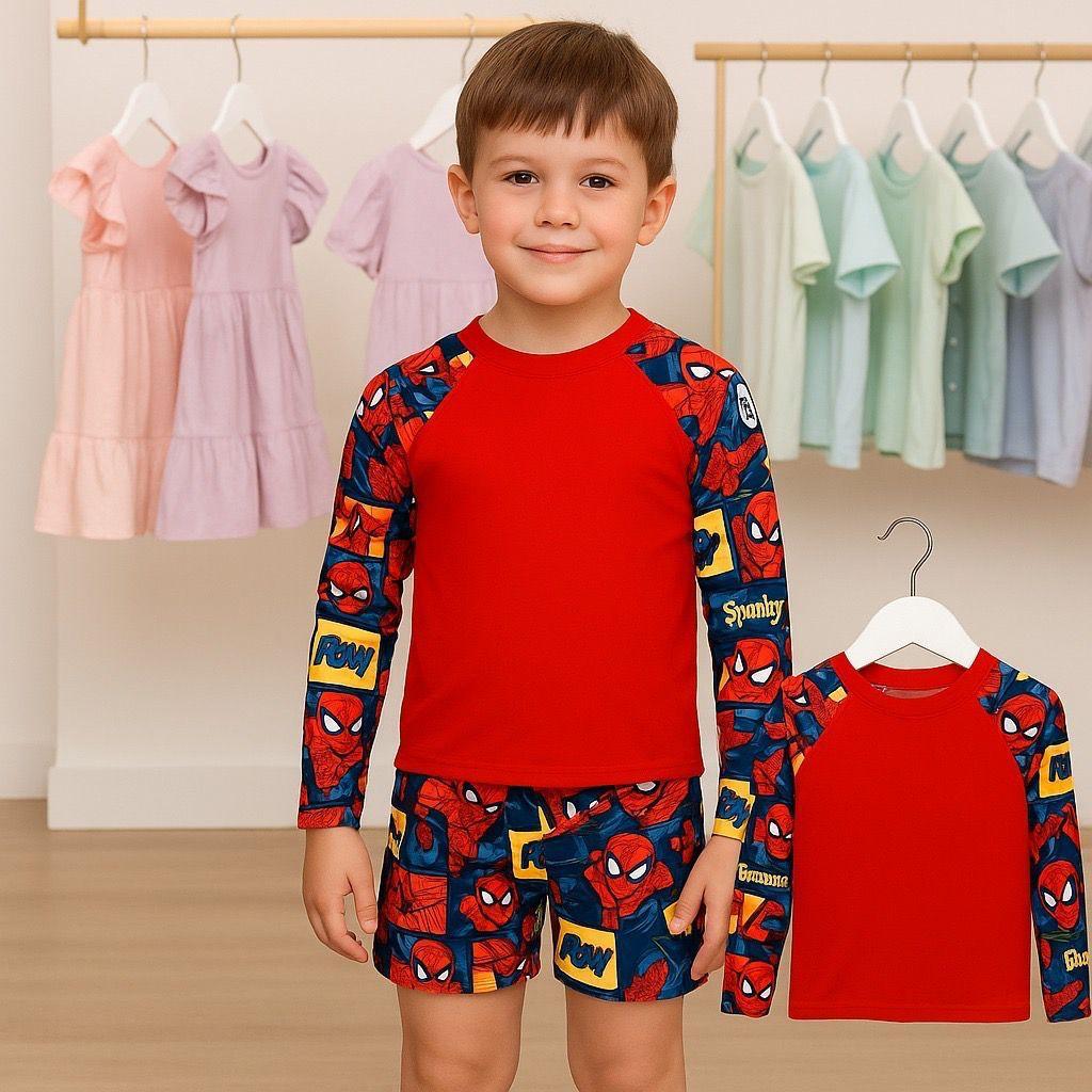 Conjunto Blusa Térmica + Sunga Boxer Infantil Homem Aranha Personagens Menino Praia Proteção Uv 2 Ao 10 Verão Natação