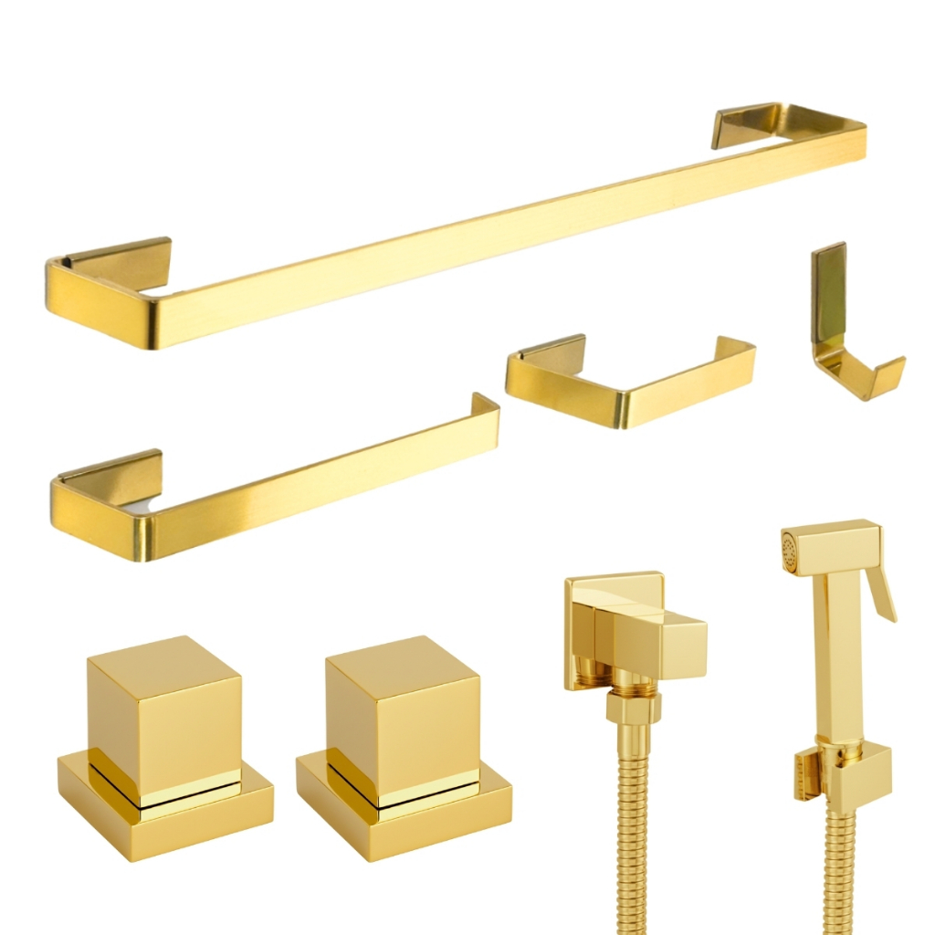 Kit de Acessórios Banheiro Quadrado Dourado Brilhante + 1 Ducha Higiênica + 2 Acabamento Padrão Deca