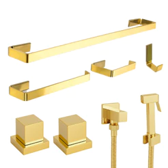 Kit de Acessórios Banheiro Quadrado Dourado Brilhante + 1 Ducha Higiênica + 2 Acabamento Padrão Deca