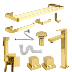Kit Acessórios Banheiro Dourado Completo Toalheiro Casal Torneira BIca Alta Ducha Acabamento Deca