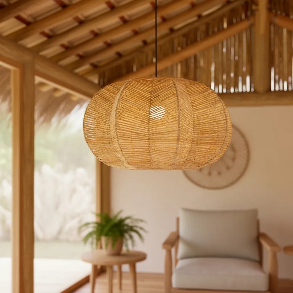 Luminária De Palha de Milho Teto Aramada Abobora Pendente Redondo Fibra Natural Estilo Casa