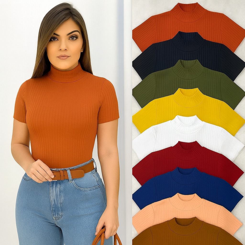 Kit 5 Blusa Básica Feminina Gola Alta Canelada Premium Manga Curta em Oferta na Shopee