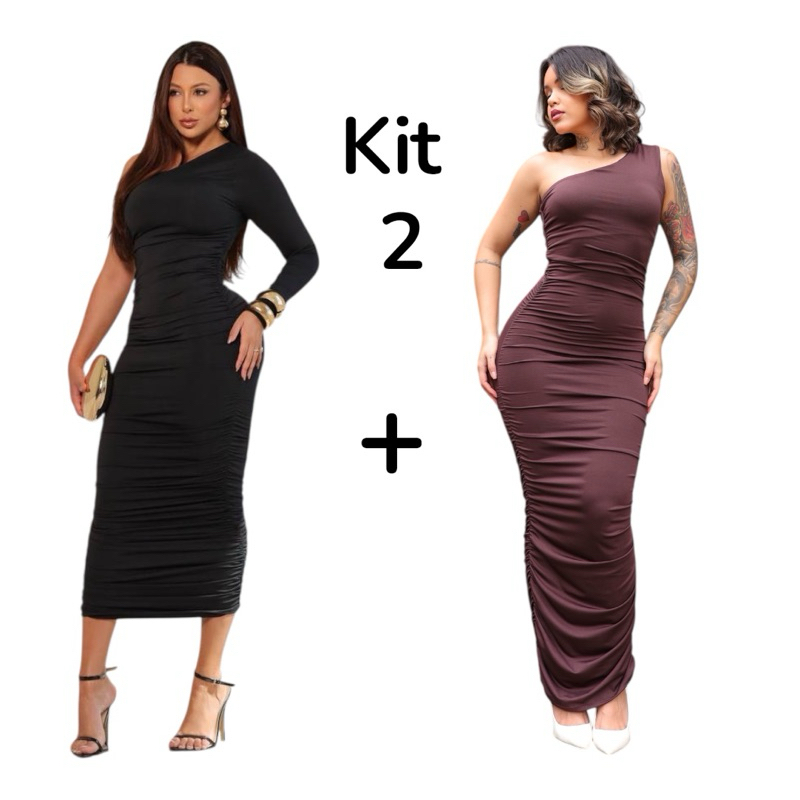 Kit 2 Vestidos Longo Feminino Franzido Um ombro só Drapeado Festa em Oferta na Shopee