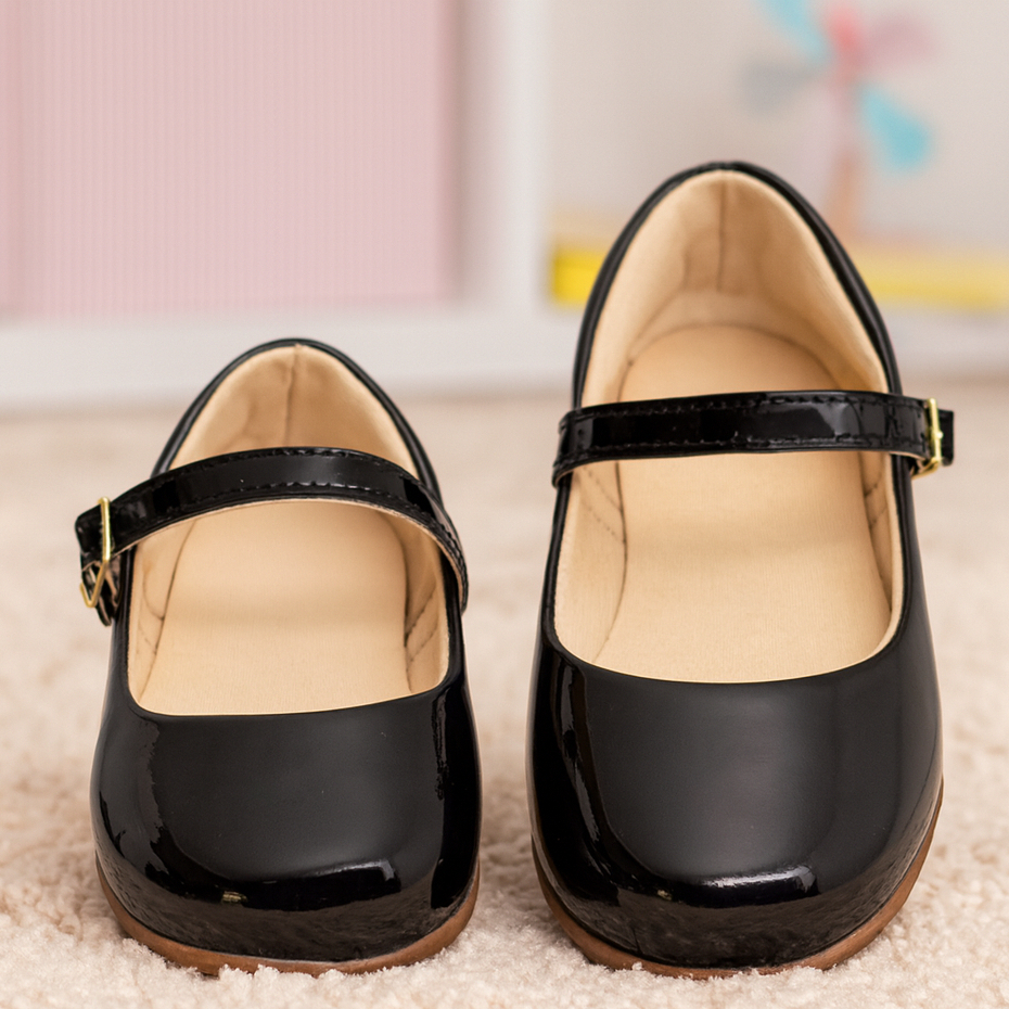 Sapatilha Infantil Preto Lisa Sapato Social Criança Menina Fechada Lisa Verniz Confortável