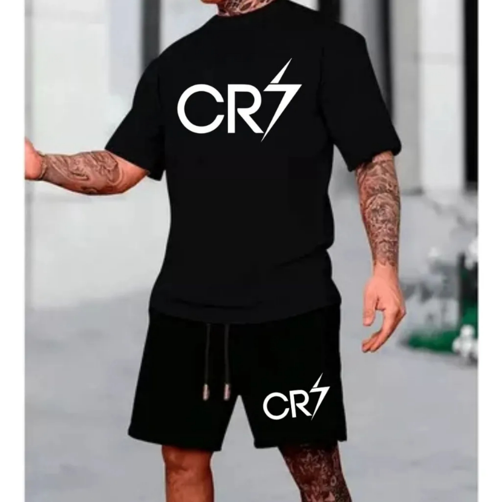 Kit Bermuda Tactel e Camiseta 100% Algodão Estilosa Moderna Casual CR7 Tendencia Confortavel