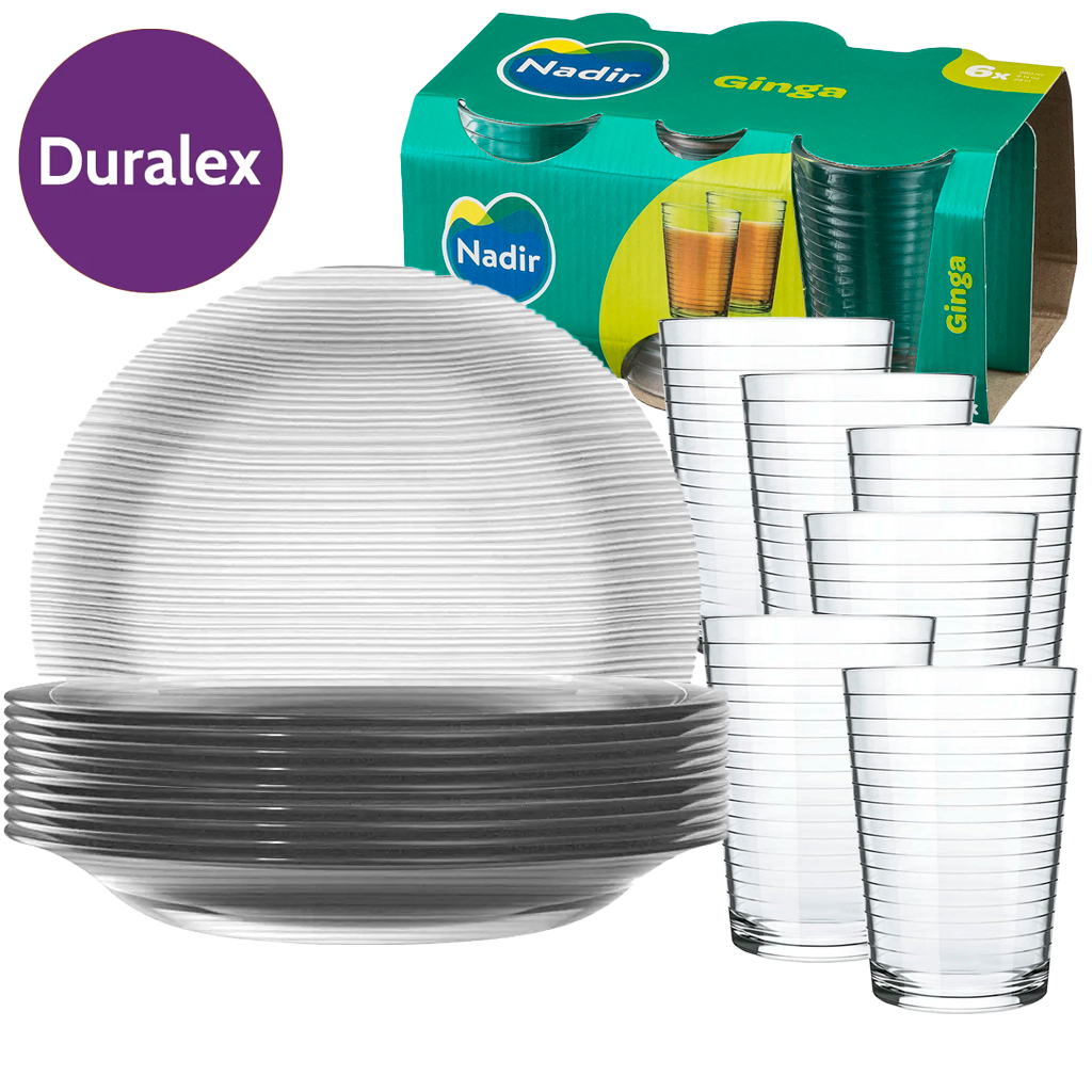 KIT 12 Peças 6 Pratos Fundo Diamante Duralex e 6 Copos Ginga 265ml Vidro vai ao freezer geladeira em Oferta na Shopee