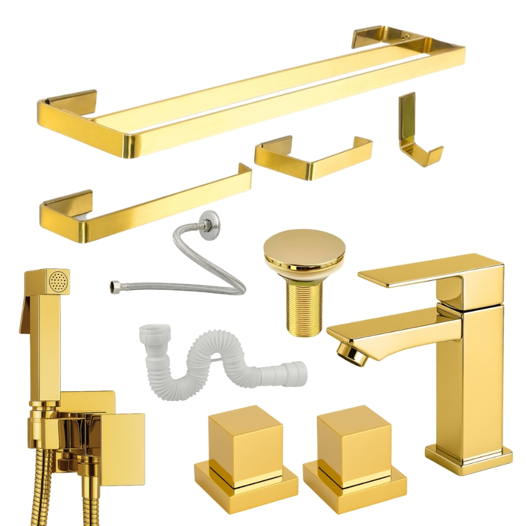 Kit Banheiro Dourado Completo Toalheiro Casal Ducha Torneira Bica Baixa 2 Acabamento Deca 1/2 3/4
