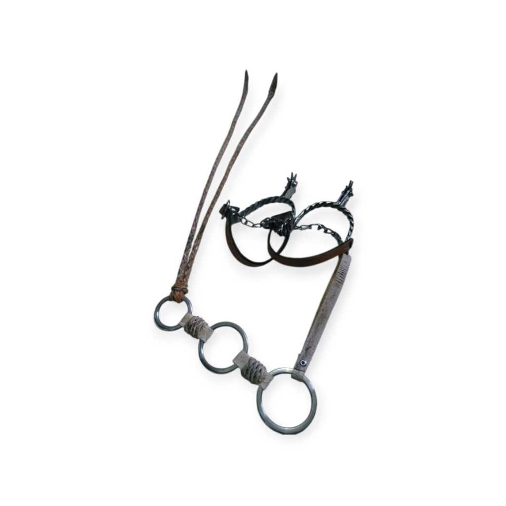 Jogo Chicote Couro Cru Inox, + Espora Trançada Inox