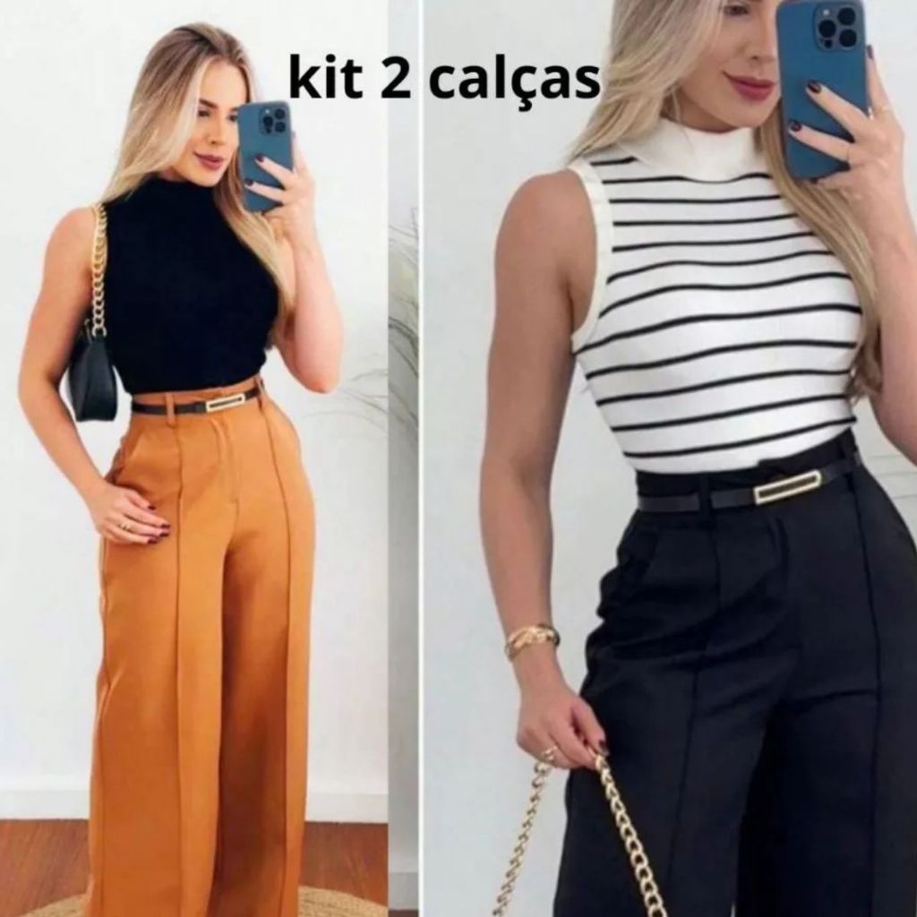 Kit 2 Calça Alfaiataria Feminina Pantalona Com Ziper Na Lateral Cintura Alta com cinto P ao GG Promoção
