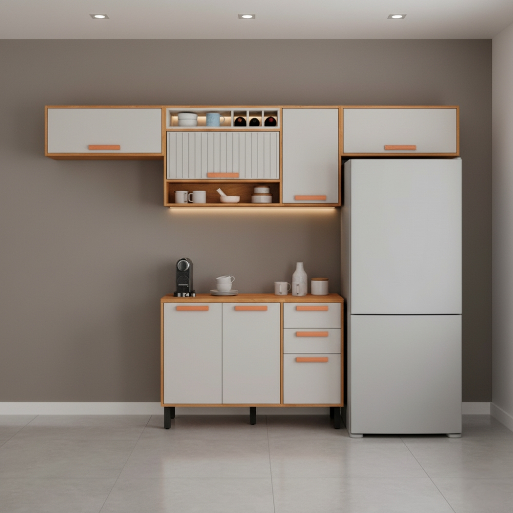 Cozinha Compacta em MDP Itatiaia Nápoles Off White e Cinamomo 280cm