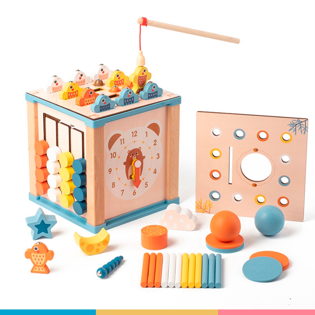 Cubo Montessori de Atividades em Madeira 7-em-1 com Pesca Magnética, Ábaco e Relógio – Educativo 3+