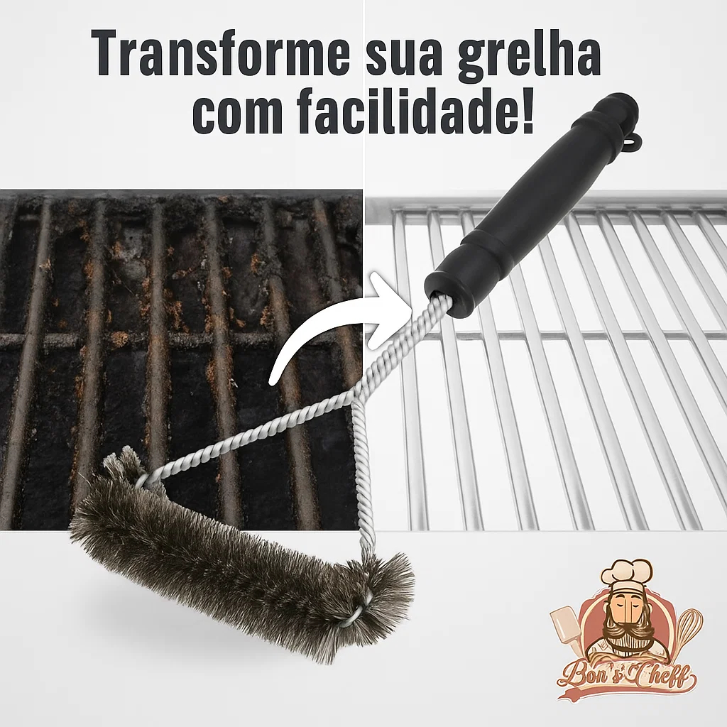 Escova de Aço Inox para Limpeza de Churrasqueira com Cabo Ergonômico 30x14cm