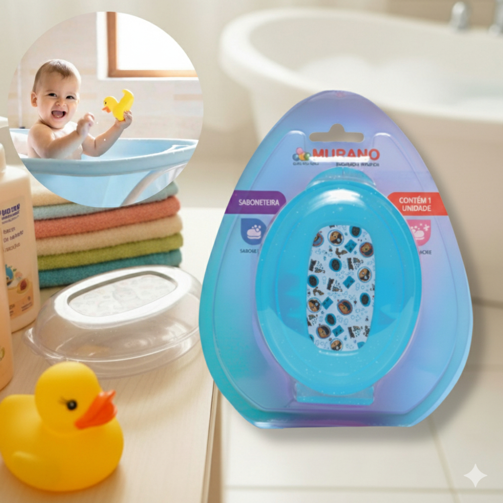 Saboneteira Redonda Infantil Cristal Murano Blister Azul ou Rosa Livre de BPA REF 215 TEX