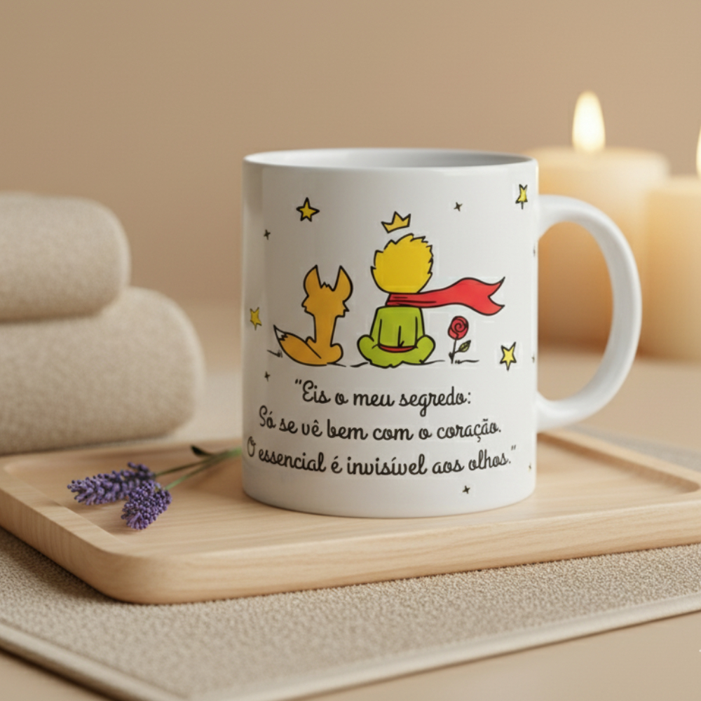 Caneca Reta Porcelana 300ML O Pequeno Príncipe Cerâmica Flor Filme Desenho Frases O Essencial Invisível É Aos Olhos