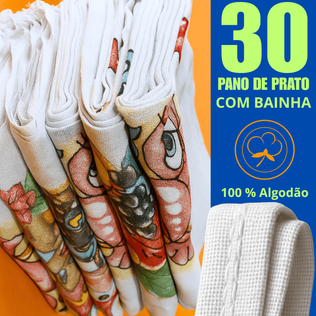 Kit 30 Panos de Prato 100% Algodão Estampado 60x35 – Cozinha, Revenda, Atacado