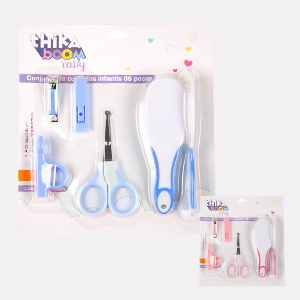 Kit Higiene e Cuidados Para Bebê 6 Peças Sortido Azul Rosa Tesoura Escova Pente Unhas