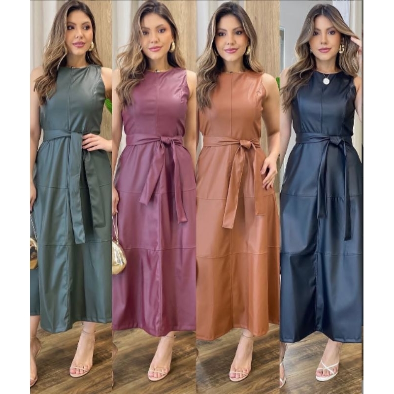 Vestido midi em couro sintético Elegante Sofisticado Igreja Festa Eventos