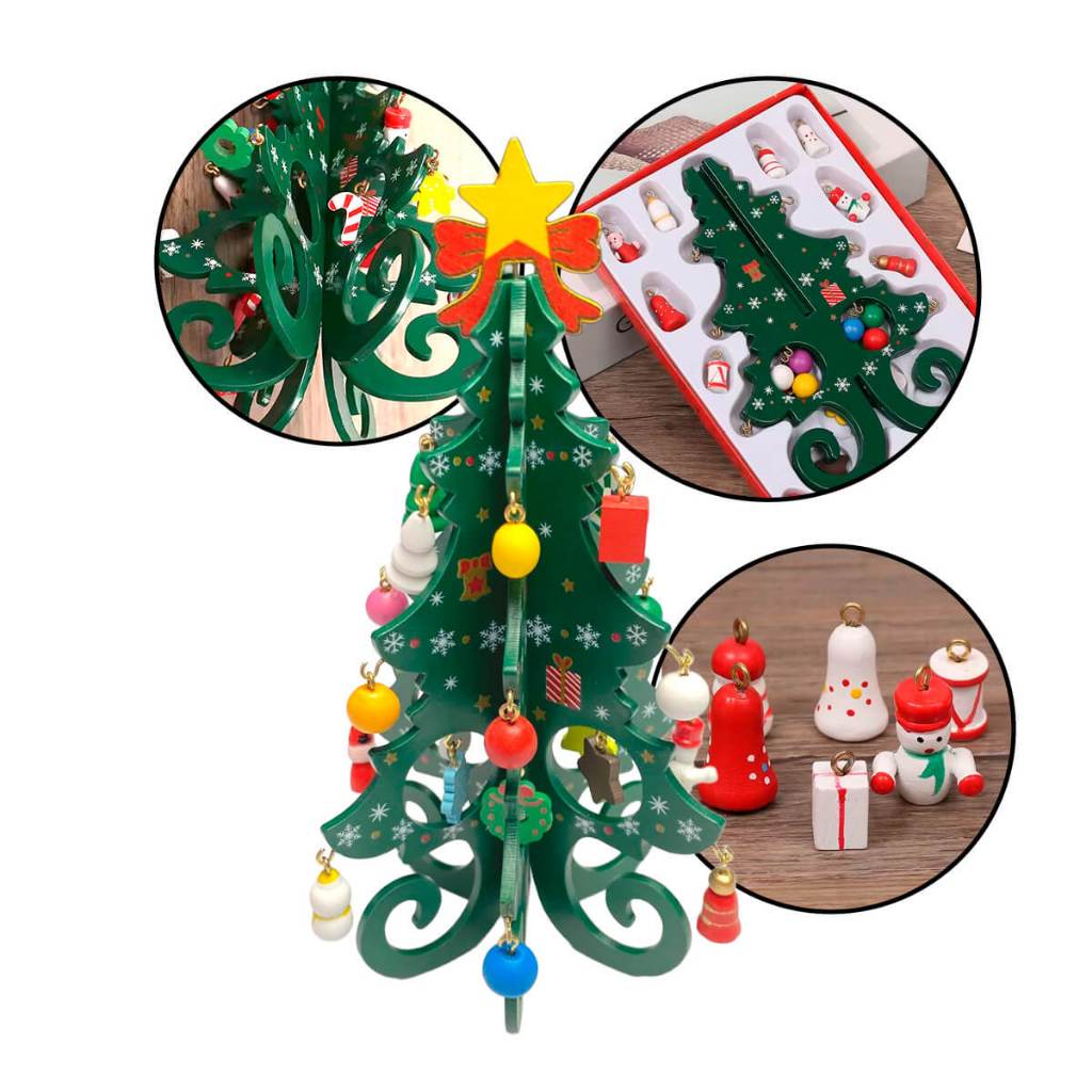 Mini Árvore de Natal Verde Enfeite de Mesa Decorada com Bolinhas e Bonecos Natalinos e Enfeites