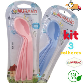 Kit 3-15 Colheres Bebê Alimentação Inicial Murano Rosa Azul  ALTO