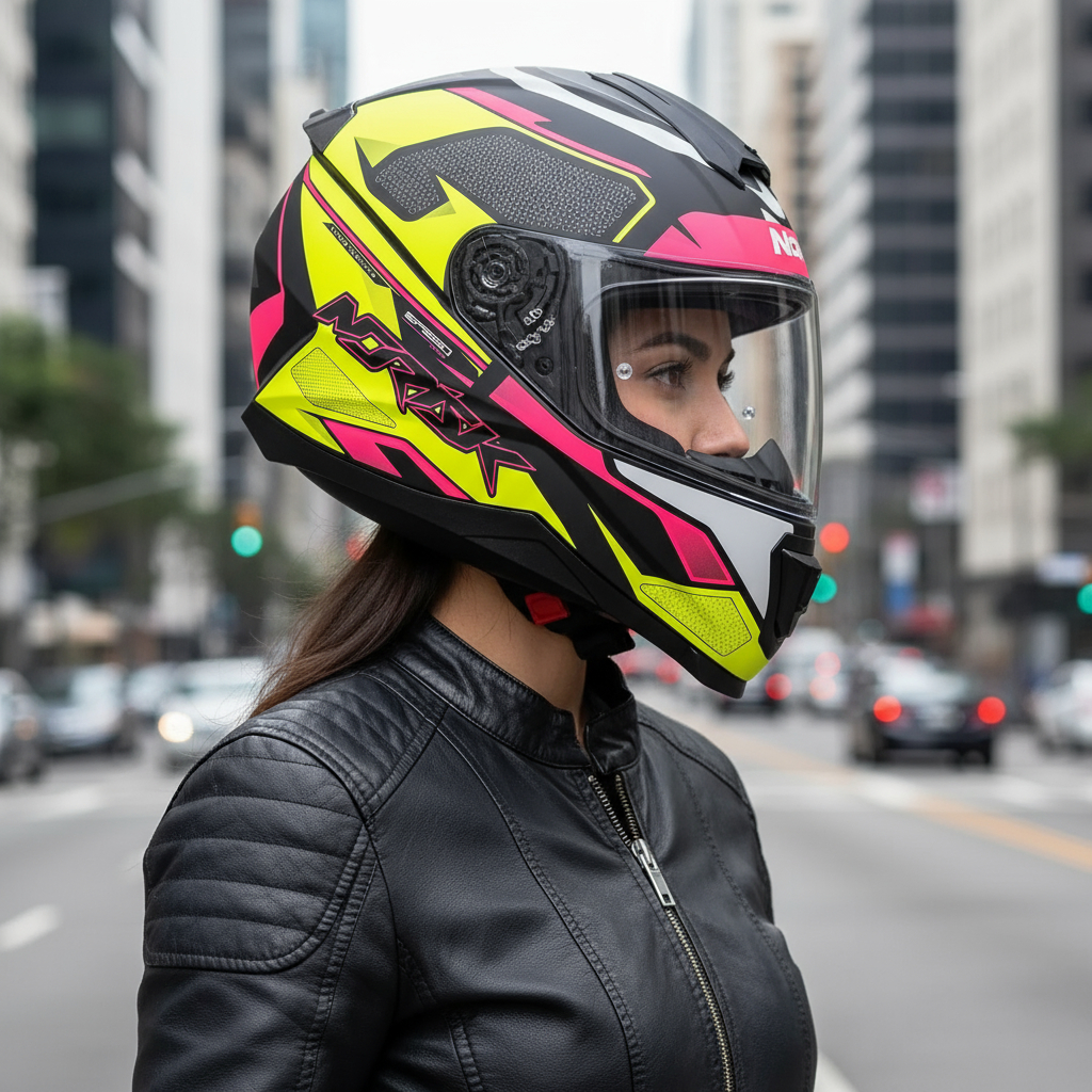 Capacete Moto Confortável Fechado Norisk FF802 Razor Speedmax Fosco Yellow Pink Feminino