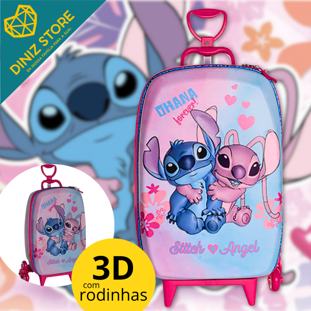 Mochila Mala Infantil Stitch e Angel 3D com Rodinhas Rosa Azul Lilas