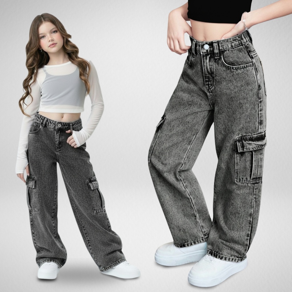 Calça Wide Leg Cargo Marmorizada Black com Bolso Meninas Pantalona Preta Grafite 4-16 Moda Regulagem