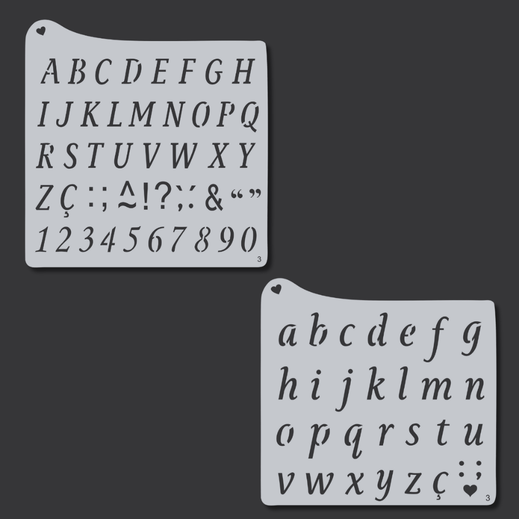 Stencil Alfabeto Abecedário Letras Maiúsculas e Minúsculas + Números Molde Vazado Pintura Tecido Mdf