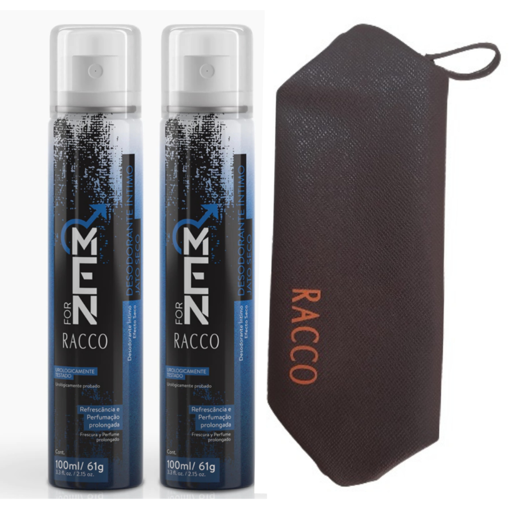 Kit 2 Racco Spray Desodorante Intimo Masculino Jato Seco 200mL + Bolsa Necessaire Marrom Unissex